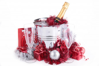 обоя праздничные, - разное , новый год, ведерко, лед, шампанское, подарки, мишура, шарики