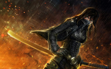Картинка фэнтези девушки пламя дождь меч девушка воин