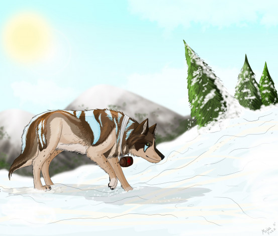 Обои картинки фото рисованные, животные,  сказочные,  мифические, деревья, снег, спасатель, собака