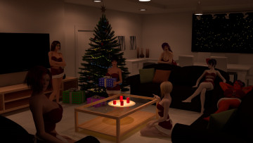 Картинка 3д+графика праздники+ holidays фон взгляд девушки свечи стол елка подушки диван