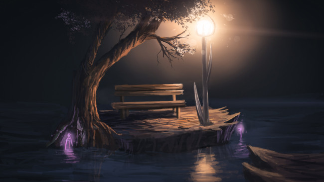 Обои картинки фото рисованное, природа, свет, фонарь, дерево, скамейка, ночь