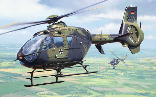 Обои картинки фото eurocopter ec135, авиация, 3д, рисованые, v-graphic, ввс, германии, airbus, вертолеты, люфтваффе, военный, вертолет, немецкий