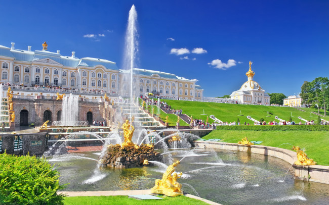 Обои картинки фото города, санкт, петербург, петергоф, россия, петродворец, дворец, фонтан, лето