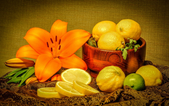 Обои картинки фото еда, цитрусы, лилия, лимоны