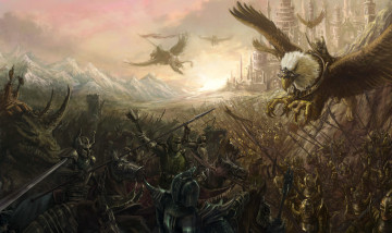 Картинка фэнтези люди грифоны монстры замок рыцари битва существа