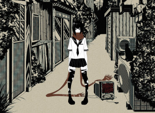 Картинка аниме оружие +техника +технологии город взгляд девушка арт bouno satoshi