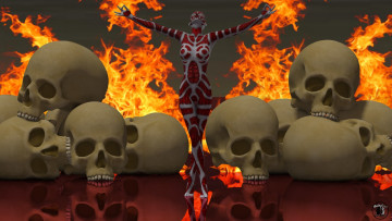 Картинка 3д+графика ужас+ horror огонь черепа существо