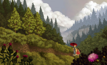 Картинка аниме touhou девушки облака небо деревья природа лес арт u-joe
