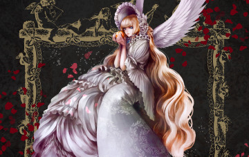 Картинка аниме ангелы +демоны девушка крылья лепестки яблоко