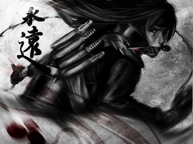 Обои картинки фото аниме, naruto, uchiha, itachi, оружие, итачи, шаринган, кунай, кровь, sharingan, shinobi, ниндзя