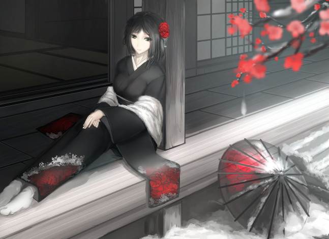 Обои картинки фото аниме, зима,  новый год,  рождество, kikivi, цветы, взгляд, волосы, девушка, зонт, арт