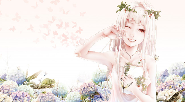 Обои картинки фото аниме, unknown,  другое, животные, цветы, девушка, арт, хамелион, bouno, satoshi, улыбка