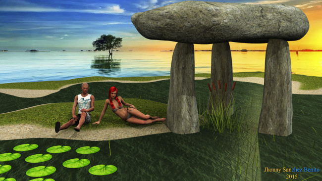 Обои картинки фото 3д графика, люди , people, камни, мужчина, небо, взгляд, фон, рыжая, девушка, дерево, море, долмен