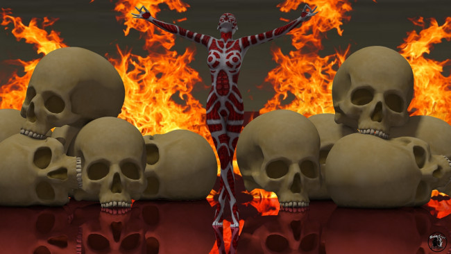 Обои картинки фото 3д графика, ужас , horror, огонь, черепа, существо
