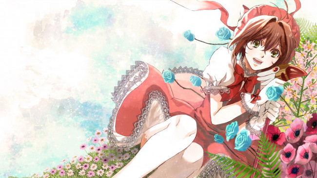 Обои картинки фото аниме, card captor sakura, kinomoto, sakura, розы, взгляд, card, captor, цветы, девушка