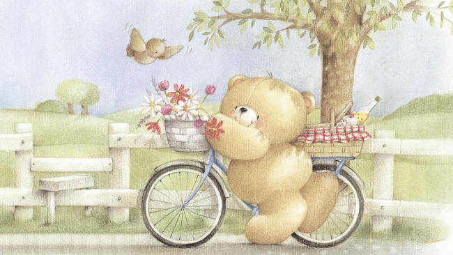 Обои картинки фото рисованное, мишки тэдди, цветы, велосипед, птичка, медвежонок