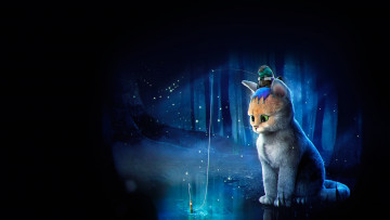 Картинка рисованное животные +коты лес рыбалка фентези арт лягушка детская кошка
