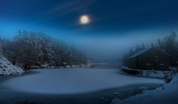 Картинка природа зима дома озеро ночь