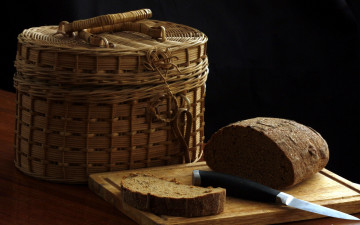 Картинка еда хлеб +выпечка корзинка ломоть буханка нож доска