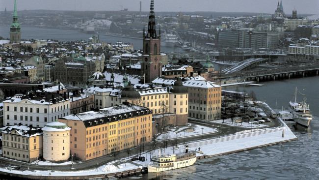 Обои картинки фото города, стокгольм , швеция, река, зима