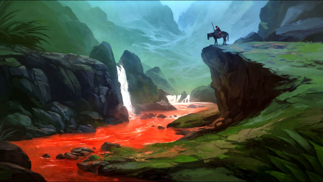 Обои картинки фото рисованное, живопись, воин, кровь, горы, река