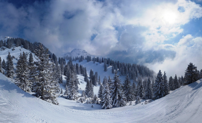 Обои картинки фото природа, горы, снег, зима, деревья, облака
