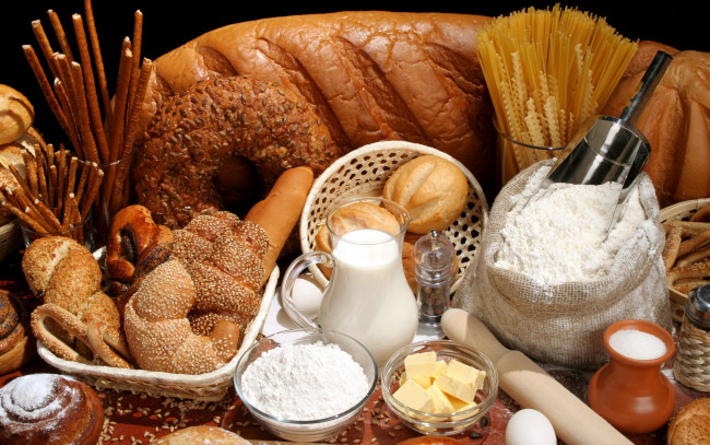 Обои картинки фото еда, разное, сахар, хлеб, выпечка, макароны, яйца, молоко, мука, масло