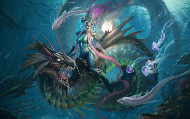 Обои картинки фото фэнтези, красавицы и чудовища, дракон, подводный, мир, рыбы, море, царица, морская