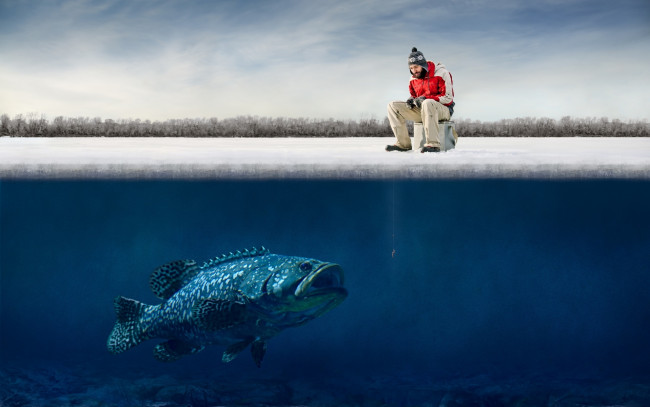 Обои картинки фото юмор и приколы, рыба, лед, зима, рыбалка, рыбак