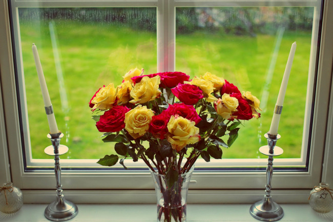 Обои картинки фото цветы, розы, свечи, букет