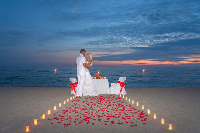 Обои картинки фото разное, мужчина женщина, море, пляж, свадебный, вечер