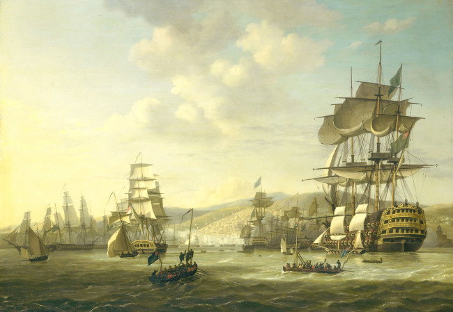Обои картинки фото рисованное, живопись, англо-голландский, флот, в, бухте, алжира, nicolaas, baur, морской, пейзаж