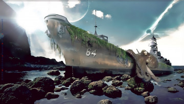Картинка календари фэнтези корабль осьминог водоем камни