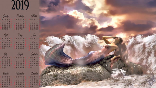 Обои картинки фото календари, фэнтези, русалка, водоем, камень