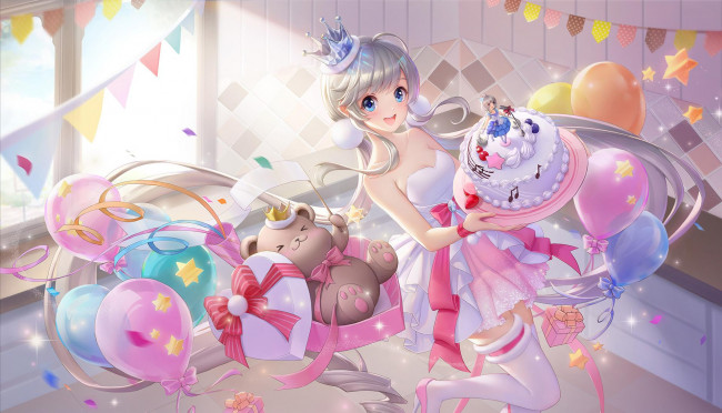 Обои картинки фото аниме, unknown,  другое , девушка, корона, флажки, шарики, праздник, торт, мишка