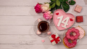 Картинка праздничные день+святого+валентина +сердечки +любовь розы подарки цифра пряники кофе