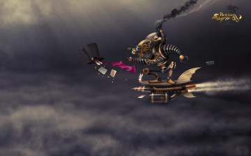 Картинка фэнтези роботы +киборги +механизмы небо карты робот механизм шляпа тучи полет