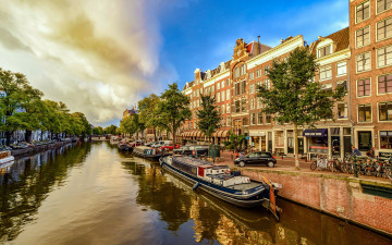 обоя города, амстердам , нидерланды, лодки, набережная, канал