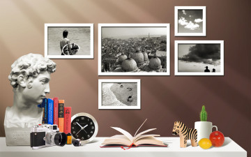 Картинка разное компьютерный+дизайн зебра фотоаппарат часы книги бюст стол фотографии кактус фрукты