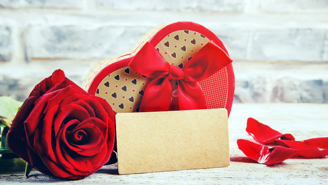 Обои картинки фото праздничные, день святого валентина,  сердечки,  любовь, лепестки, подарок, роза, бант, лента