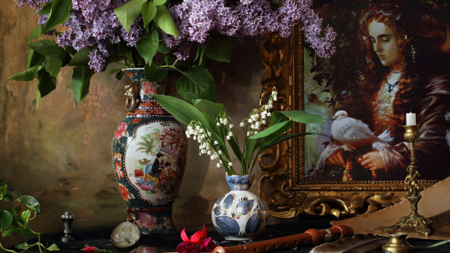 Обои картинки фото цветы, разные вместе, картина, свеча, ландыши, сирень, вазы
