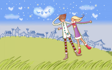 Картинка рисованное праздники пара сердечки любовь трава дома