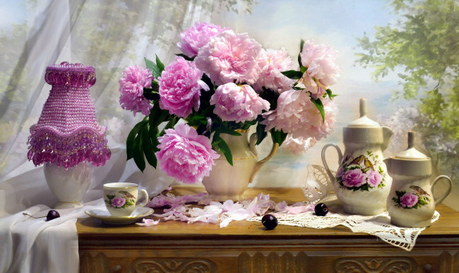 Обои картинки фото цветы, пионы, букет, розовые, ваза, настольная, лампа