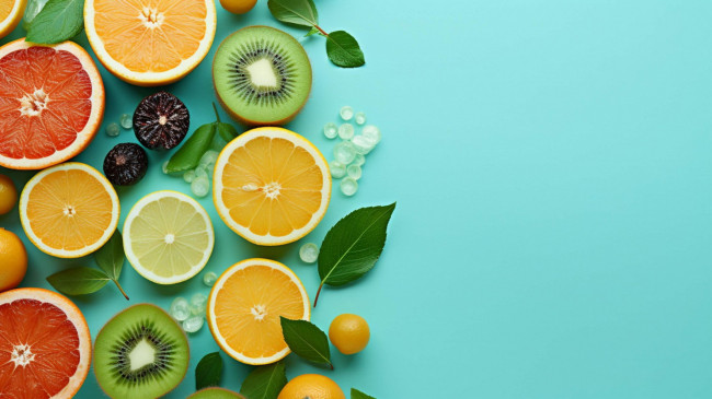 Обои картинки фото 3д, еда, фрукты,  ягоды, киви, апельсин, лимон, грейпфрут
