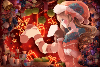 Картинка аниме merry chrismas winter девушка новый год носок праздничный стол