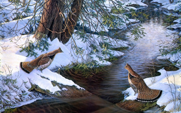 Картинка chance encounter рисованные животные птицы ручей куропатки sam timm painting живопись лес