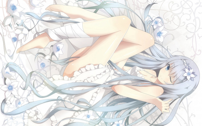 Обои картинки фото аниме, *unknown, другое, девушка, ginkami, цветы, лента, лежит