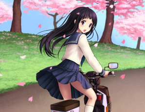 Картинка hyouka аниме взгляд улыбка скутер сакура