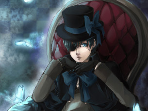 Картинка аниме kuroshitsuji сиэль фантомхайв кресло шляпа тёмный дворецкий банты бабочки взгляд