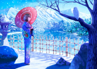Картинка аниме -merry+chrismas+&+winter горы озеро птица зонт дерево кимоно снег пруд забор сова